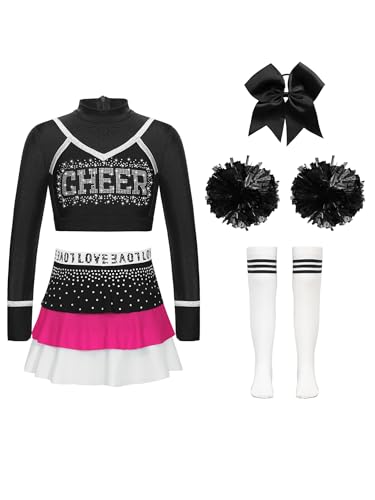 Alvivi 5Pcs Mädchen Cheer Leader Kostüm Schwarz Cheerleading Kleid Langarm Crop Tops mit Rock Pompoms Haarband Cheer Outfit Performance Tanzkostüm Rosa&Weiß 110-116 von Alvivi