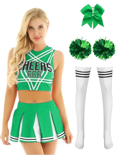 Alvivi 5tlg.Cheer Leader Kostüm Damen Cheerleading Uniform Crop Tops + Minirock + Pompoms + Socken + Haarband Halloween Karneval Fasching Kostüm Grün XL von Alvivi