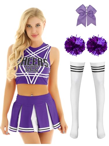 Alvivi 5tlg.Cheer Leader Kostüm Damen Cheerleading Uniform Crop Tops + Minirock + Pompoms + Socken + Haarband Halloween Karneval Fasching Kostüm Lila XL von Alvivi