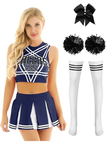 Alvivi 5tlg.Cheer Leader Kostüm Damen Cheerleading Uniform Crop Tops + Minirock + Pompoms + Socken + Haarband Halloween Karneval Fasching Kostüm Marine Blau XL von Alvivi