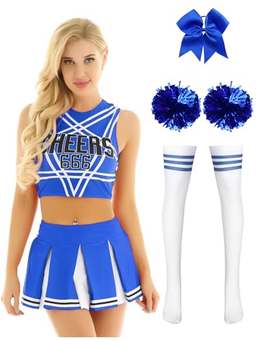 Alvivi 5tlg.Cheer Leader Kostüm Damen Cheerleading Uniform Crop Tops + Minirock + Pompoms + Socken + Haarband Halloween Karneval Fasching Kostüm Royal Blau L von Alvivi