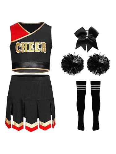 Alvivi 5tlg.Mädchen Cheer Leader Cheerleading Kostüm Crop Tops + Rock Pompoms Socken Haarband Halloween Karneval Fasching Tanzkostüm A Schwarz 134-140 Alvivi 5tlg.Mädchen Cheer Leader Cheerleading Kostüm Crop Tops + Rock Pompoms Socken Haarband Halloween Karneval Fasching Tanzkostüm A Schwarz 134-140 von Alvivi