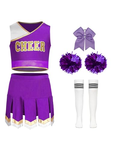 Alvivi 5tlg.Mädchen Cheer Leader Cheerleading Kostüm Crop Tops + Rock Pompoms Socken Haarband Halloween Karneval Fasching Tanzkostüm Lila 122-128 Alvivi 5tlg.Mädchen Cheer Leader Cheerleading Kostüm Crop Tops + Rock Pompoms Socken Haarband Halloween Karneval Fasching Tanzkostüm Lila 122-128 von Alvivi