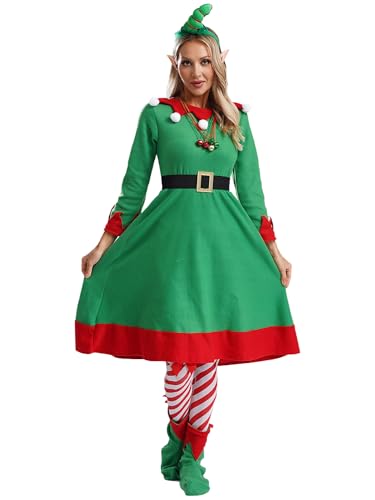 Alvivi 7 Teilig Damen Weihnachtself Kleid Elfenkostüm Langarm Weihnachtskleid mit Elfen Hut Zubehör Santa Kleid Weihnachten Partykleid Rot XL von Alvivi