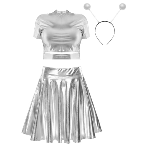 Alvivi Alien Kostüm Damen Sexy Metallic Glitzer Crop Top + Minirock + Alien Haarreif Festival Karneval Fasching Kostüm Clubwear Rave Party A Silber M von Alvivi