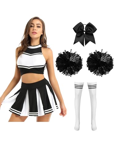 Alvivi Cheer Leader Kostüm Damen Cheerleading Uniform 5tlg.Crop Tops + Rock + Socken + Pompoms + Haarband Halloween Karneval Fasching Kostüm Schwarz Weiß M von Alvivi