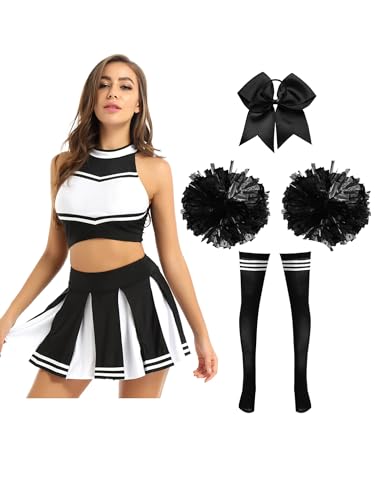 Alvivi Cheer Leader Kostüm Damen Cheerleading Uniform 5tlg.Crop Tops + Rock + Socken + Pompoms + Haarband Halloween Karneval Fasching Kostüm Schwarz XXL von Alvivi