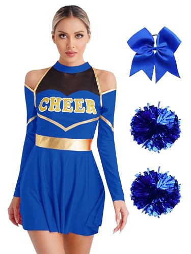 Alvivi Cheer Leader Kostüm Damen Cheerleading Uniform Schulmädchen Kleid mit Pompoms Haarband Halloween Karneval Fasching Kostüm Blau S von Alvivi