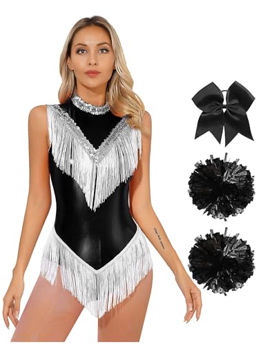 Alvivi Cheer Leader Kostüm Damen Cheerleading Uniform Fransen Body Overall mit Pompoms Haarband Halloween Karneval Fasching Kostüm Schwarz M von Alvivi