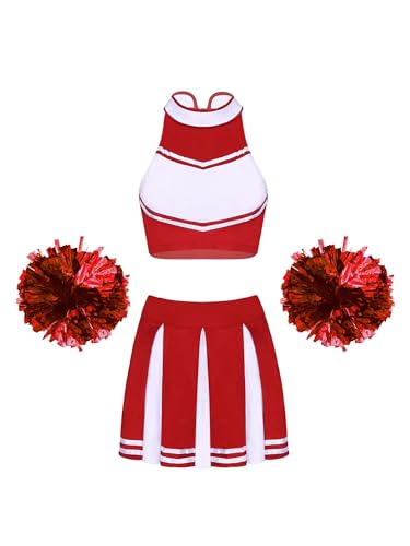 Alvivi Cheer Leader Kostüm Damen Cheerleading Uniform Crop Tops + Rock + Pompoms Schulmädchen Kostüm Halloween Karneval Fasching Verkleidung Rot S von Alvivi