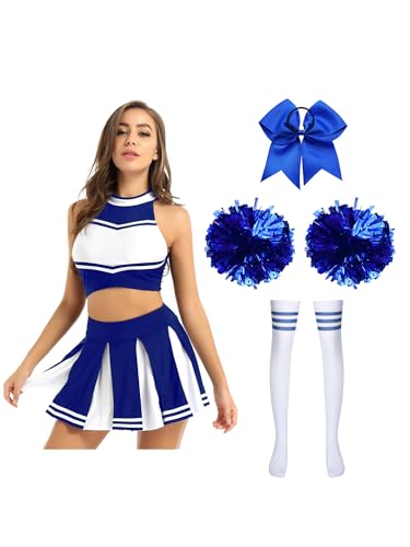 Alvivi Cheer Leader Kostüm Damen Cheerleading Uniform 5tlg.Crop Tops + Rock + Socken + Pompoms + Haarband Halloween Karneval Fasching Kostüm Blau XXL von Alvivi