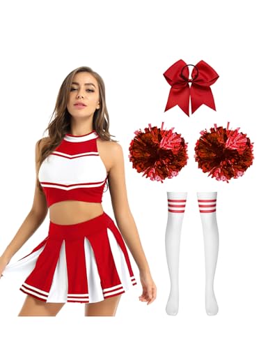 Alvivi Cheer Leader Kostüm Damen Cheerleading Uniform 5tlg.Crop Tops + Rock + Socken + Pompoms + Haarband Halloween Karneval Fasching Kostüm Rot L von Alvivi