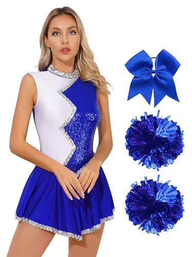 Alvivi Cheer Leader Kostüm Damen Cheerleading Uniform Glitzer Pailletten Kleid mit Pompoms Haarband Halloween Karneval Fasching Tanzkostüm Blau L von Alvivi