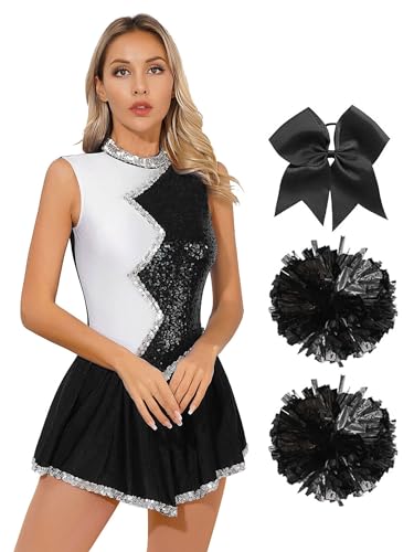 Alvivi Cheer Leader Kostüm Damen Cheerleading Uniform Glitzer Pailletten Kleid mit Pompoms Haarband Halloween Karneval Fasching Tanzkostüm Schwarz S von Alvivi