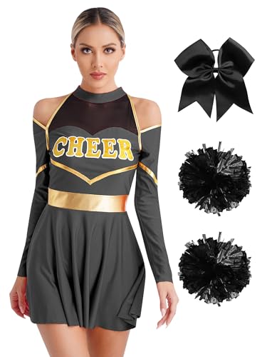 Alvivi Cheer Leader Kostüm Damen Cheerleading Uniform Schulmädchen Kleid mit Pompoms Haarband Halloween Karneval Fasching Kostüm Schwarz M von Alvivi