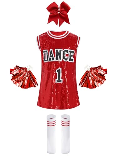 Alvivi Cheer Leader Kostüm Kinder Mädchen Cheerleading Kleid Pailletten Tanzkleid mit Pompoms Socken Haarband Karneval Performance Tanzkostüm Rot&Weiß 110-116 von Alvivi