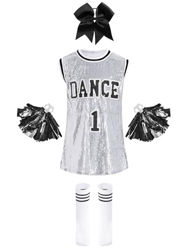 Alvivi Cheer Leader Kostüm Kinder Mädchen Cheerleading Kleid Pailletten Tanzkleid mit Pompoms Socken Haarband Karneval Performance Tanzkostüm Silber 134-140 von Alvivi