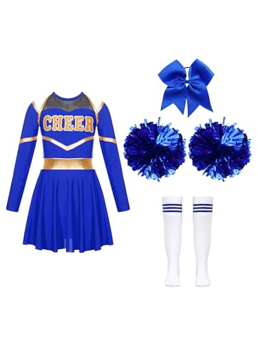 Alvivi Cheer Leader Kostüm Mädchen Cheerleading Uniform Langarm Kleid mit Pompoms Socken Stirnband Halloween Karneval Faschingskostüm Aa Blau A 134-140 von Alvivi