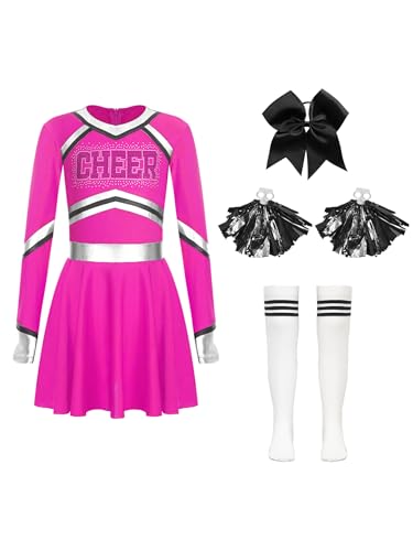 Alvivi Cheer Leader Mädchen Cheerleading Kostüm Langarm Cheer Kleid mit Pompoms Socken Haarband Tanzkleid Halloween Karneval Faschingskostüm Dunkel Rosa 110-116 von Alvivi