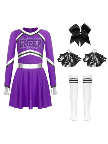 Alvivi Cheer Leader Mädchen Cheerleading Kostüm Langarm Cheer Kleid mit Pompoms Socken Haarband Tanzkleid Halloween Karneval Faschingskostüm Dunkellila&Weiß 122-128 von Alvivi