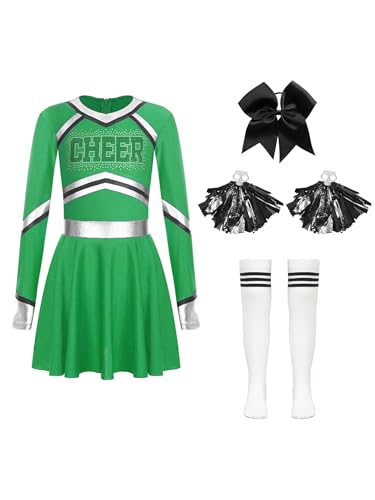 Alvivi Cheer Leader Mädchen Cheerleading Kostüm Langarm Cheer Kleid mit Pompoms Socken Haarband Tanzkleid Halloween Karneval Faschingskostüm Grün 110-116 von Alvivi