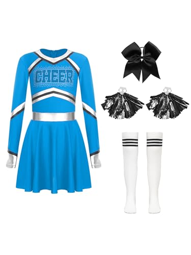 Alvivi Cheer Leader Mädchen Cheerleading Kostüm Langarm Cheer Kleid mit Pompoms Socken Haarband Tanzkleid Halloween Karneval Faschingskostüm Hellblau 110-116 von Alvivi