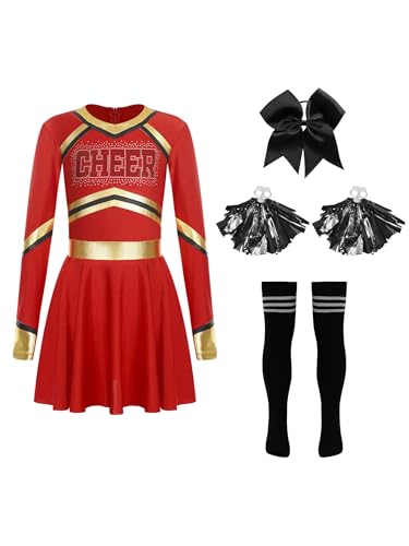 Alvivi Cheer Leader Mädchen Cheerleading Kostüm Langarm Cheer Kleid mit Pompoms Socken Haarband Tanzkleid Halloween Karneval Faschingskostüm Rot 134-140 von Alvivi