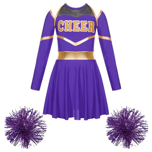 Alvivi Mädchen Cheerleading Kostüm Cheer Leader Langarm Kleid mit Pompoms Schulmädchen Uniform Halloween Karneval Fasching Partykleid Lila 158-164 von Alvivi