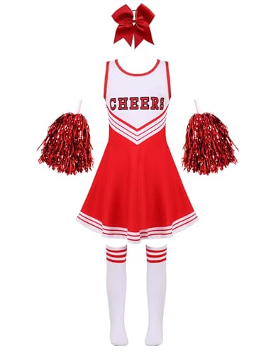 Alvivi Cheer Leader Kostüm Mädchen Cheerleading Kostüm 4tlg. Cheer Kleid mit Pompoms Socken Stirnband Halloween Karneval Tanzkleid Rot 122-128 von Alvivi