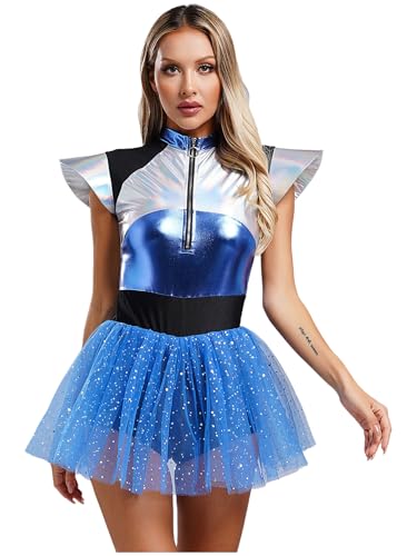 Alvivi Damen Alien Kostüm Außerirdischer Kostüm Wetlook Kleid Metallic Minikleid Bodycon mit Tütü Rock Space Girl Kleid Rave Clubwear Partykleid Blau L von Alvivi