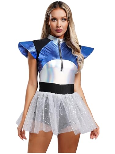 Alvivi Damen Alien Kostüm Außerirdischer Kostüm Wetlook Kleid Metallic Minikleid Bodycon mit Tütü Rock Space Girl Kleid Rave Clubwear Partykleid Silber 3XL von Alvivi