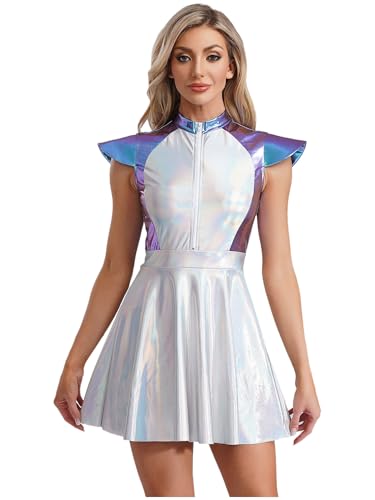 Alvivi Damen Alien Kostüm Glänzend Space Girl Kleid Außerirdischer Kostüm Wetlook Metallic Kleid mit Tutu Rock Halloween Karneval Fasching Partykleid Blau 3XL von Alvivi