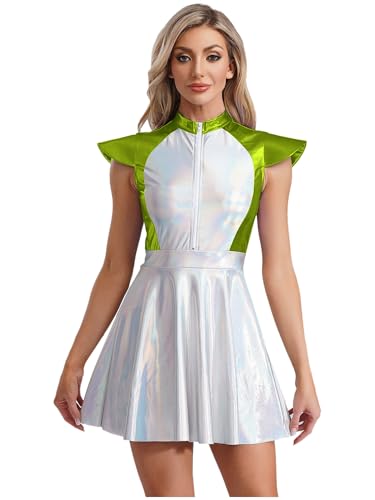 Alvivi Damen Alien Kostüm Glänzend Space Girl Kleid Außerirdischer Kostüm Wetlook Metallic Kleid mit Tutu Rock Halloween Karneval Fasching Partykleid Grün M von Alvivi