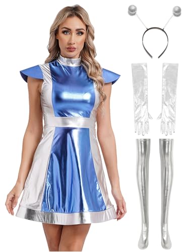 Alvivi Damen Alien Kostüm Metallic Minikleid mit Haarreif Socken Handschuhe Space Girl Kleid Außerirdischer Kostüm Halloween Karneval Fasching Partykleid Blau 3XL von Alvivi