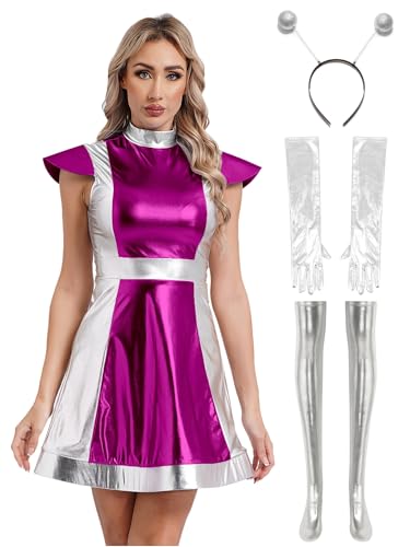 Alvivi Damen Alien Kostüm Metallic Minikleid mit Haarreif Socken Handschuhe Space Girl Kleid Außerirdischer Kostüm Halloween Karneval Fasching Partykleid Hot Pink S von Alvivi