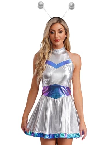 Alvivi Damen Alien Kostüm Metallic Space Girl Kleid mit Haarreif Weltall Astronauten Kostüm Glänzend Skaterkleid Partykleid Karneval Fasching Kostüm Blau XL von Alvivi