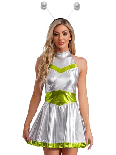 Alvivi Damen Alien Kostüm Metallic Space Girl Kleid mit Haarreif Weltall Astronauten Kostüm Glänzend Skaterkleid Partykleid Karneval Fasching Kostüm Leuchtendes Grün L von Alvivi