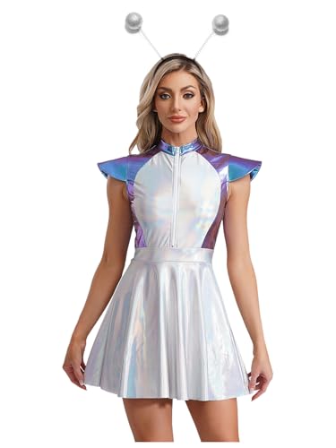 Alvivi Damen Alien Kostüm Silber Weltall Astronauten Kostüm Space Girl Kleid mit Haarreif Metallic Partykleid Karneval Fasching Kostüm Blau XL von Alvivi