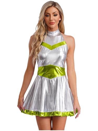 Alvivi Damen Alien Kostüm Space Girl Kleid Außerirdischer Kostüm Glänzend Metallic Kleid Minikleid Bodycon Karneval Fasching Rave Partykleid Leuchtendes Grün 4XL von Alvivi