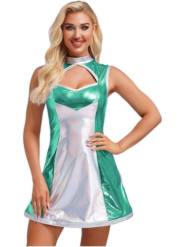 Alvivi Damen Alien Kostüm Space Girl Kleid Metallic Außerirdischer Kostüm Glänzend Weltall Astronauten Kostüm Karneval Fasching Minikleid Partykleid Blau Grün M von Alvivi