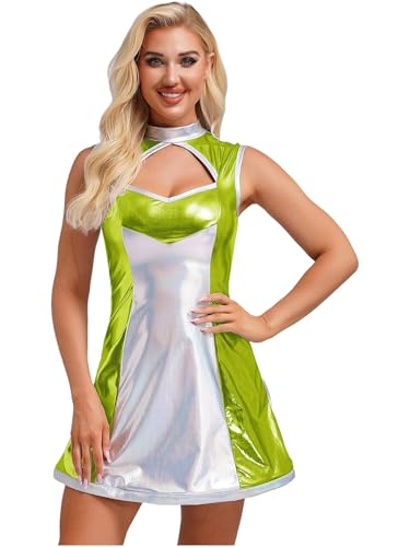 Alvivi Damen Alien Kostüm Space Girl Kleid Metallic Außerirdischer Kostüm Glänzend Weltall Astronauten Kostüm Karneval Fasching Minikleid Partykleid Leuchtendes Grün L von Alvivi