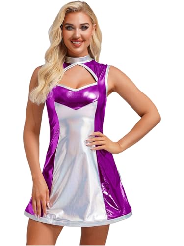 Alvivi Damen Alien Kostüm Space Girl Kleid Metallic Außerirdischer Kostüm Glänzend Weltall Astronauten Kostüm Karneval Fasching Minikleid Partykleid Lila 3XL von Alvivi