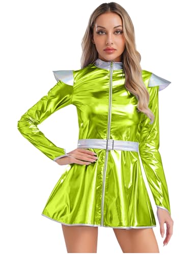 Alvivi Damen Alien Kostüm Space Girl Kleid Metallic Faltenkleid Skaterkleid Wetlook Minikleid Halloween Karneval Fasching Partykleid Grün S Alvivi Damen Alien Kostüm Space Girl Kleid Metallic Faltenkleid Skaterkleid Wetlook Minikleid Halloween Karneval Fasching Partykleid Grün S von Alvivi