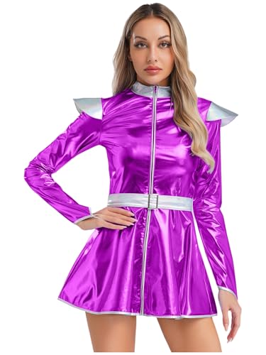 Alvivi Damen Alien Kostüm Space Girl Kleid Metallic Faltenkleid Skaterkleid Wetlook Minikleid Halloween Karneval Fasching Partykleid Lila XXL Alvivi Damen Alien Kostüm Space Girl Kleid Metallic Faltenkleid Skaterkleid Wetlook Minikleid Halloween Karneval Fasching Partykleid Lila XXL von Alvivi