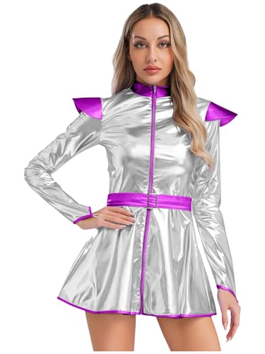 Alvivi Damen Alien Kostüm Space Girl Kleid Metallic Faltenkleid Skaterkleid Wetlook Minikleid Halloween Karneval Fasching Partykleid Silber XXL Alvivi Damen Alien Kostüm Space Girl Kleid Metallic Faltenkleid Skaterkleid Wetlook Minikleid Halloween Karneval Fasching Partykleid Silber XXL von Alvivi