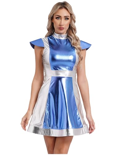 Alvivi Damen Alien Kostüm Weltall Astronauten Kostüm Metallic Minikleid Faltenkleid Wetlook Space Girl Kleid Außerirdischer Kostüm Mottoparty Clubwear Hellblau 3XL von Alvivi