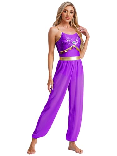 Alvivi Damen Arabische Prinzessin Kostüm Bauchtanz Body Overall Jumpsuit Orientalische Arabische Kleidung Karneval Fasching Bauchtänzerin Tanzkostüm Lila 3XL von Alvivi