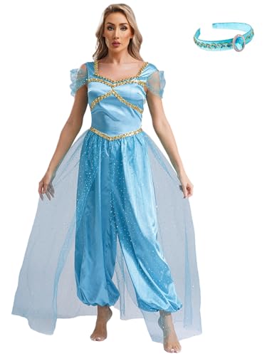 Alvivi Damen Arabische Prinzessin Kostüm Bauchtanz Overall mit Haarreif Orientalische Arabische Kleidung Halloween Karneval Fasching Tanzkostüm Blau XXL von Alvivi