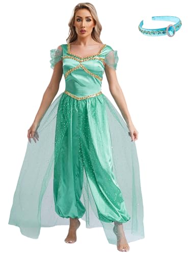 Alvivi Damen Arabische Prinzessin Kostüm Bauchtanz Overall mit Haarreif Orientalische Arabische Kleidung Halloween Karneval Fasching Tanzkostüm Türkis 4XL von Alvivi