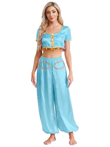 Alvivi Damen Bauchtanz Kostüm Set Arabische Prinzessin Kostüm Crop Tops mit Haremshose Belly Dance Outfit Indische Tanzkleidung Hellblau S Alvivi Damen Bauchtanz Kostüm Set Arabische Prinzessin Kostüm Crop Tops mit Haremshose Belly Dance Outfit Indische Tanzkleidung Hellblau S von Alvivi